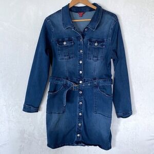 VTG Guess 90s Y2K Denim Dress Belted Long Sleeve Button Front Blue Women's XL
